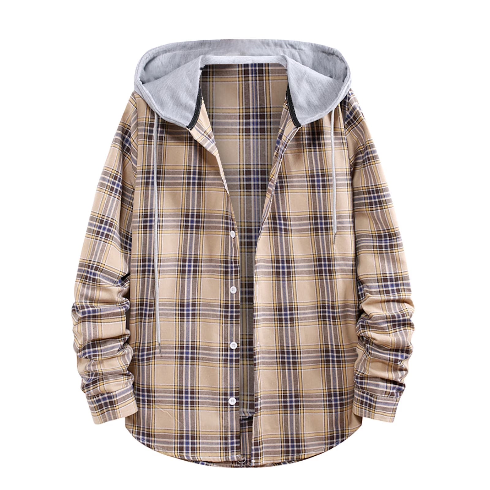 Men'S Flannel Plaid Hooded Shirts Casual Long Sleeve Button down Regular Fit Hooded Shirt Lightweight Thin Jackets Khaki#06 XXL