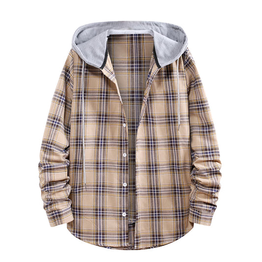 Men'S Flannel Plaid Hooded Shirts Casual Long Sleeve Button down Regular Fit Hooded Shirt Lightweight Thin Jackets Khaki#06 XXL