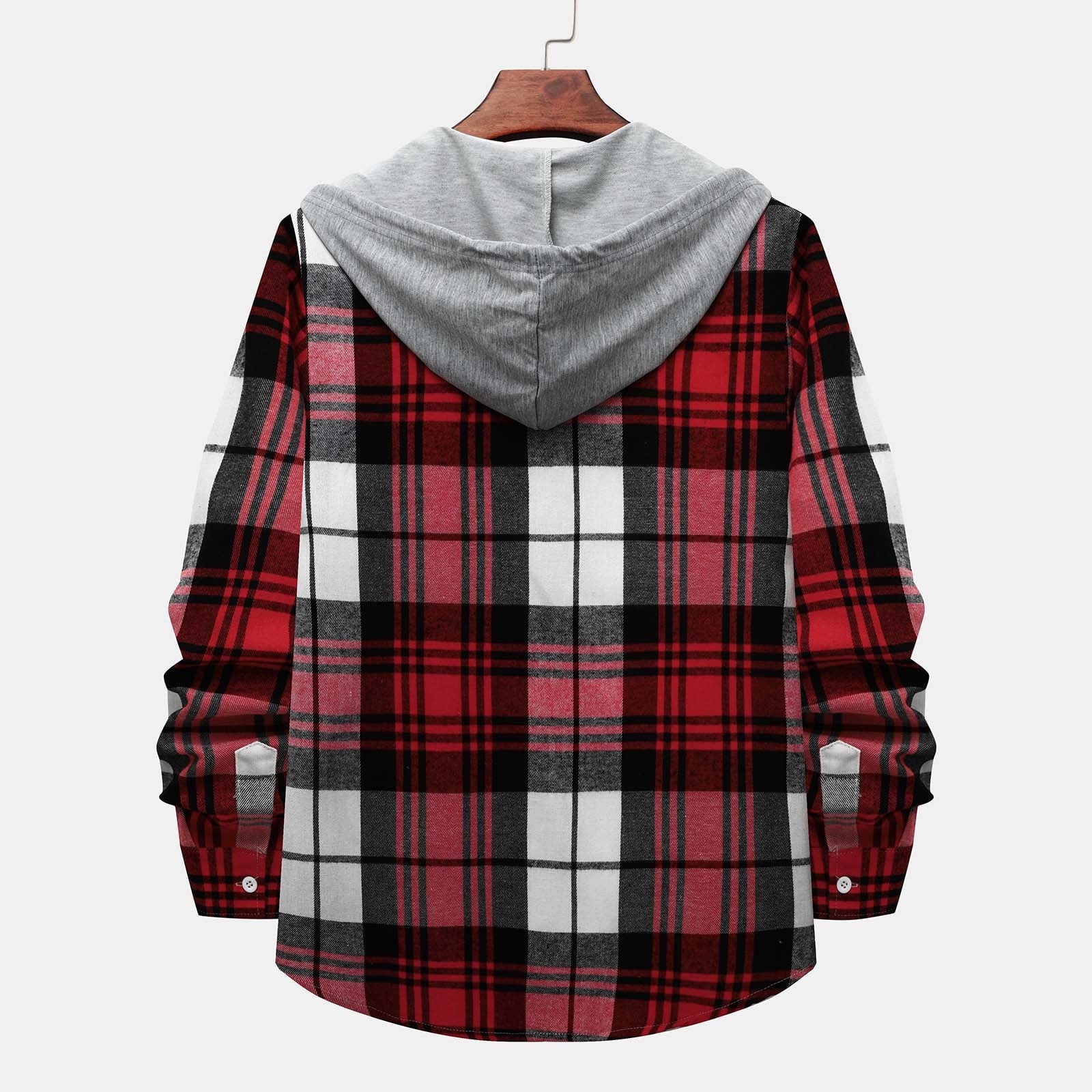 Men'S Flannel Plaid Hooded Shirts Casual Long Sleeve Button down Regular Fit Hooded Shirt Lightweight Thin Jackets Red#02 M