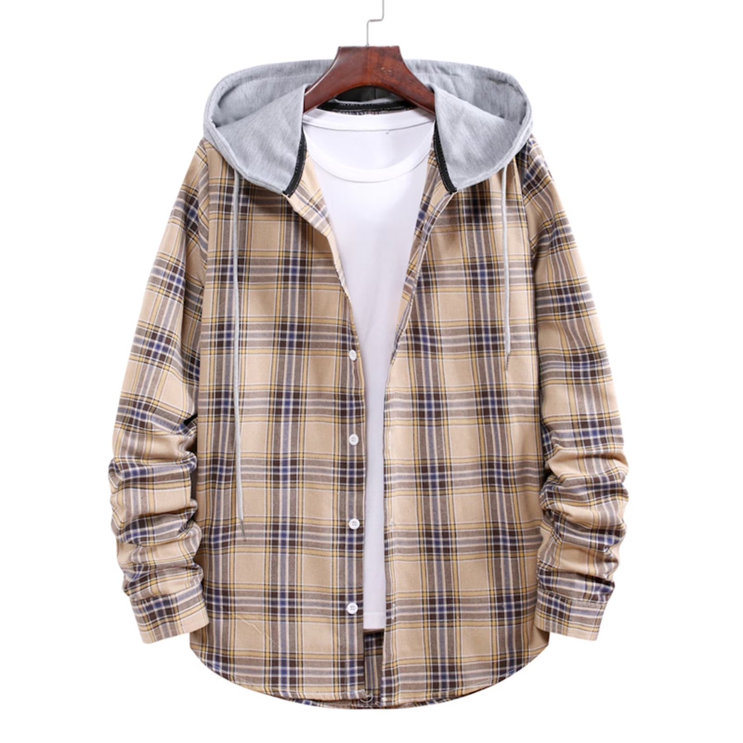 Men'S Flannel Plaid Hooded Shirts Casual Long Sleeve Button down Regular Fit Hooded Shirt Lightweight Thin Jackets Khaki#06 XXL