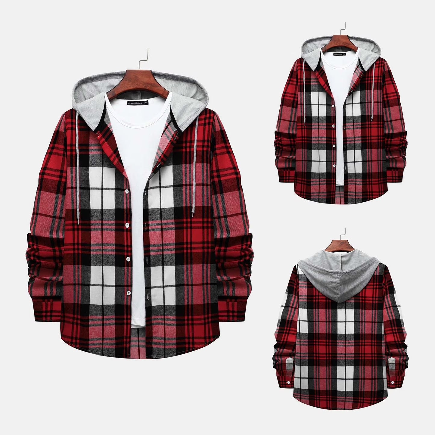Men'S Flannel Plaid Hooded Shirts Casual Long Sleeve Button down Regular Fit Hooded Shirt Lightweight Thin Jackets Red#02 XL
