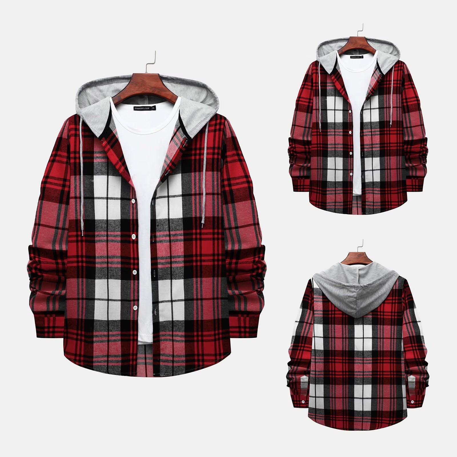 Men'S Flannel Plaid Hooded Shirts Casual Long Sleeve Button down Regular Fit Hooded Shirt Lightweight Thin Jackets Red#02 M