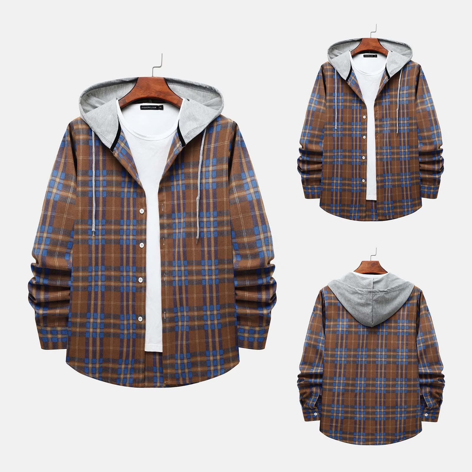 Men'S Flannel Plaid Hooded Shirts Casual Long Sleeve Button down Regular Fit Hooded Shirt Lightweight Thin Jackets Blue#02 L