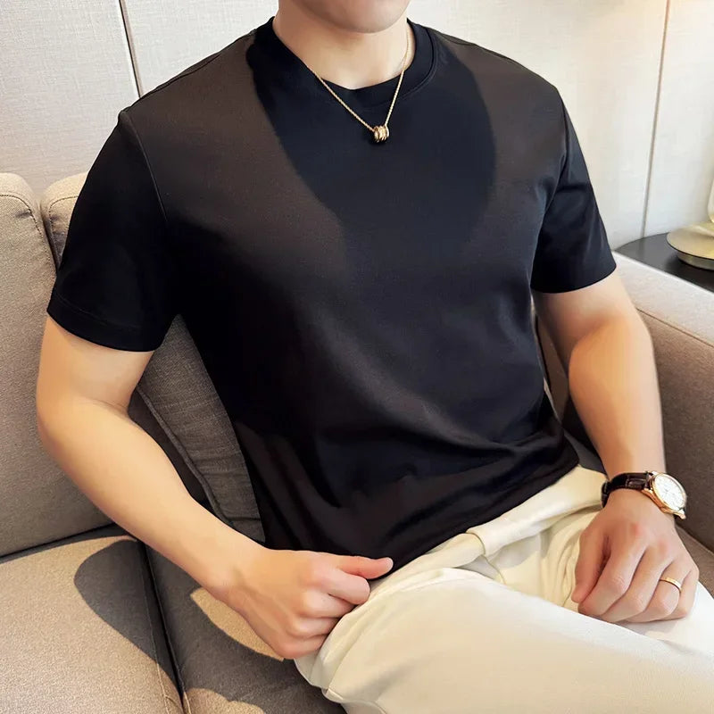 Mens T-Shirt Short Sleeved Summer Thin Ice Silk Pure Cotton Top round Neck T-Shirt Sports Fitness Running Casual Mens Clothing