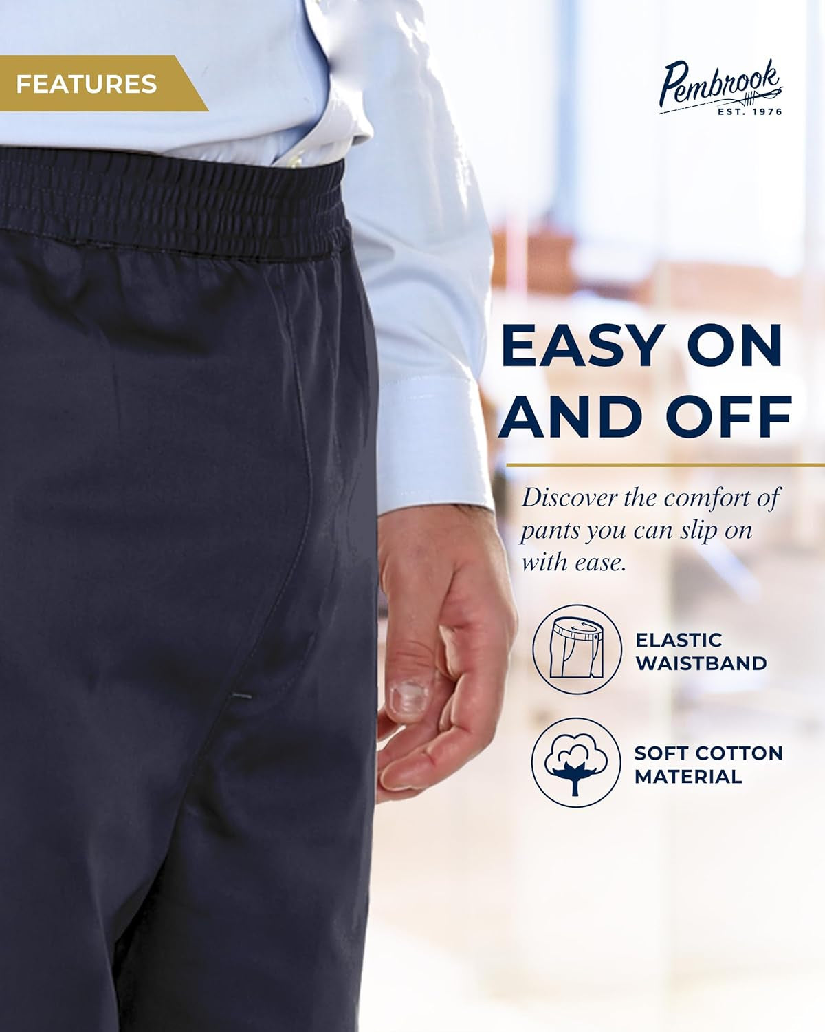 Mens Elastic Waist Pants for Seniors | Navy Mens Elastic Waist Dress Pants | Loose Fit Adaptive Pull on Jeans for Men