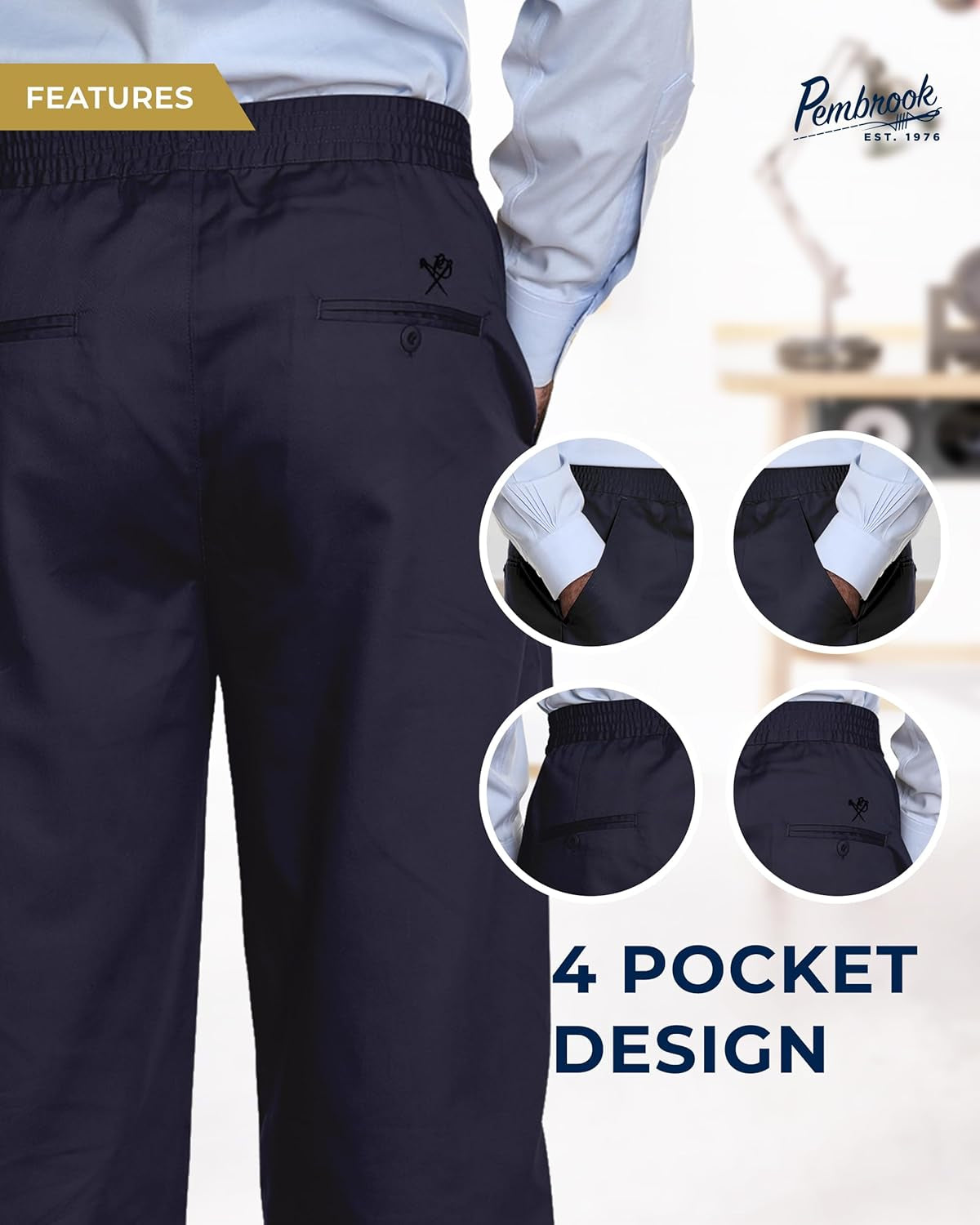 Mens Elastic Waist Pants for Seniors | Navy Mens Elastic Waist Dress Pants | Loose Fit Adaptive Pull on Jeans for Men