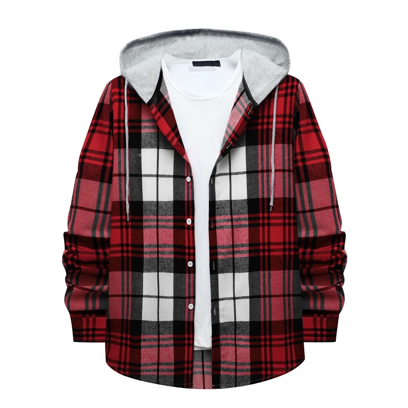 Men'S Flannel Plaid Hooded Shirts Casual Long Sleeve Button down Regular Fit Hooded Shirt Lightweight Thin Jackets Red#02 XL