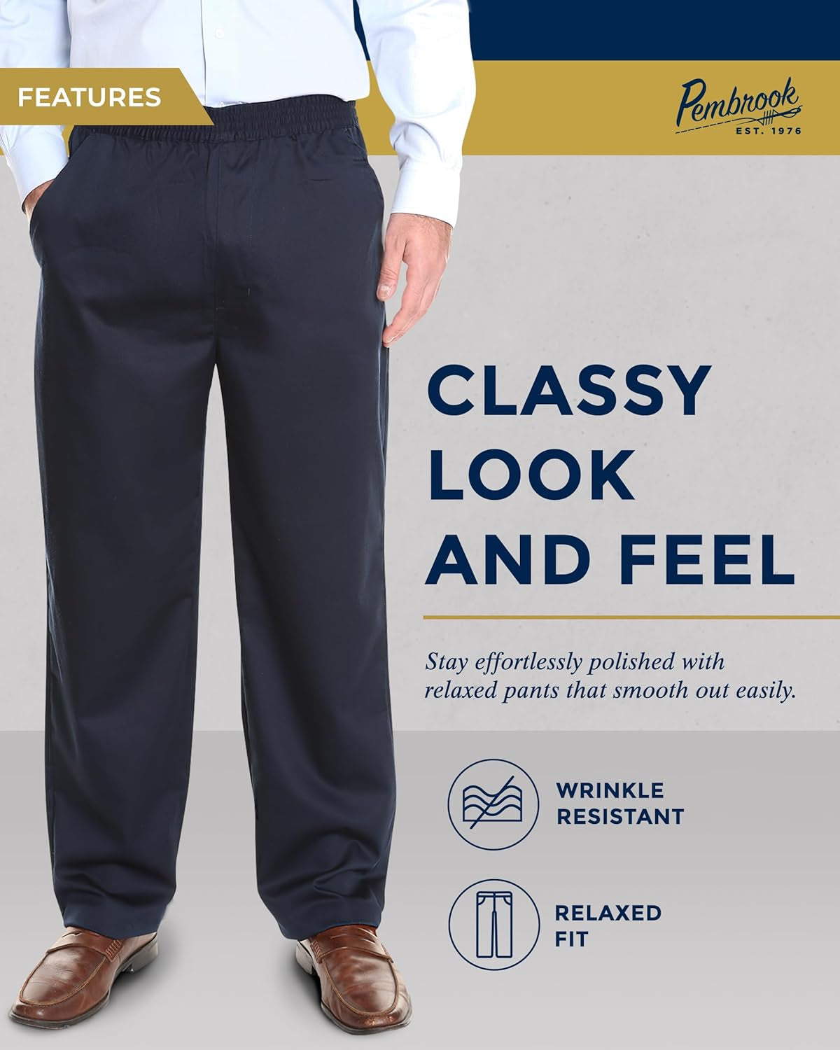 Mens Elastic Waist Pants for Seniors | Navy Mens Elastic Waist Dress Pants | Loose Fit Adaptive Pull on Jeans for Men
