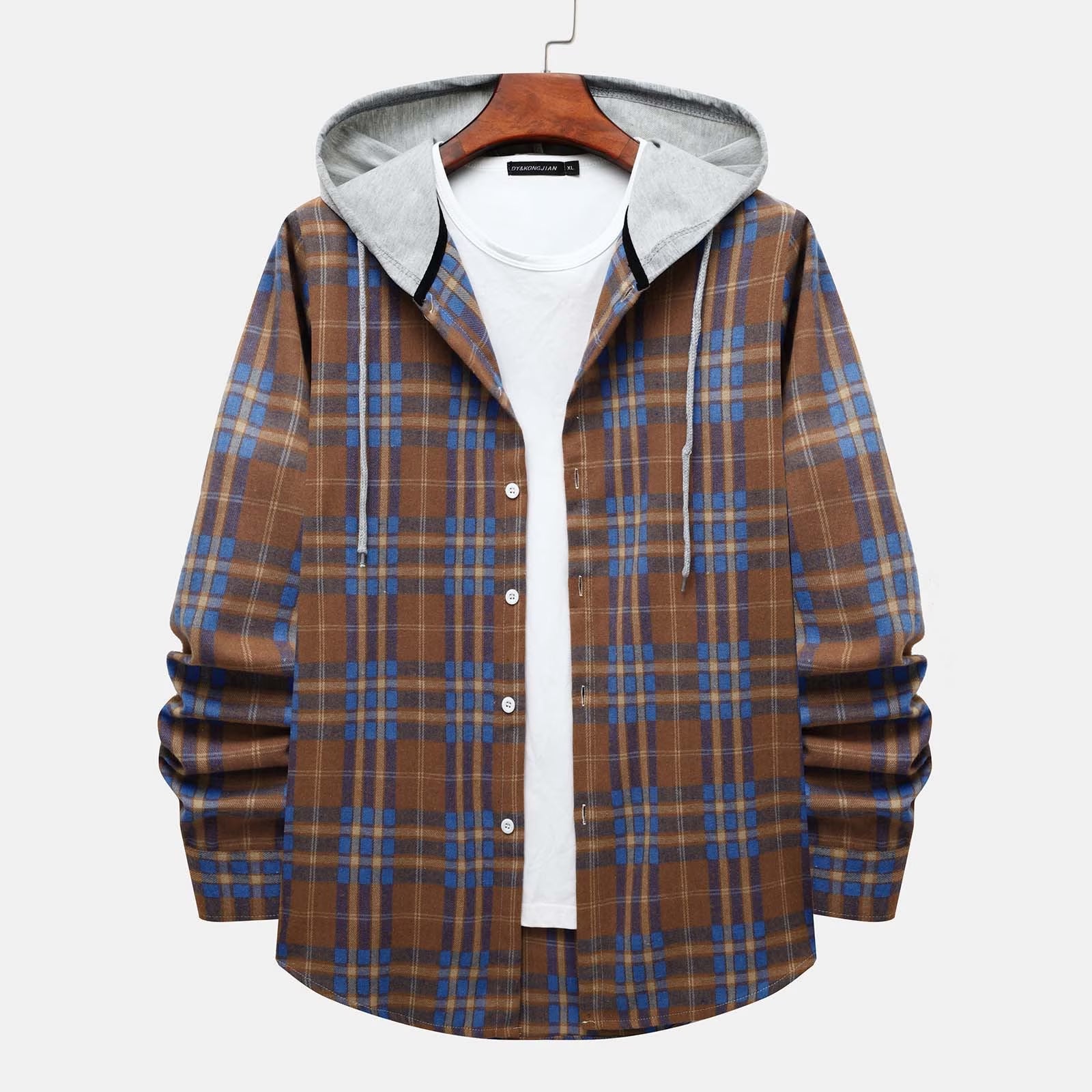 Men'S Flannel Plaid Hooded Shirts Casual Long Sleeve Button down Regular Fit Hooded Shirt Lightweight Thin Jackets Blue#02 L