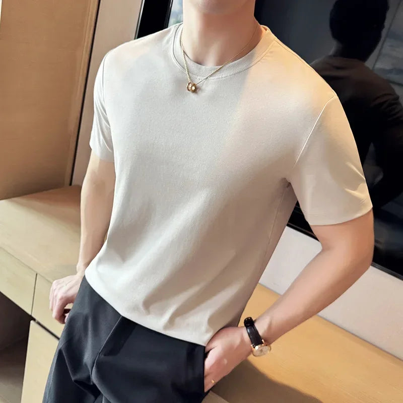 Mens T-Shirt Short Sleeved Summer Thin Ice Silk Pure Cotton Top round Neck T-Shirt Sports Fitness Running Casual Mens Clothing